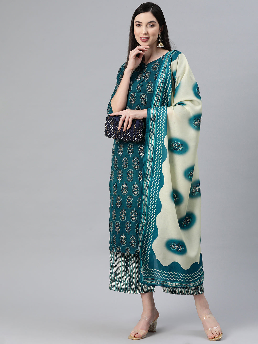 Aqua Embroidered Straight Cotton Kurta Set