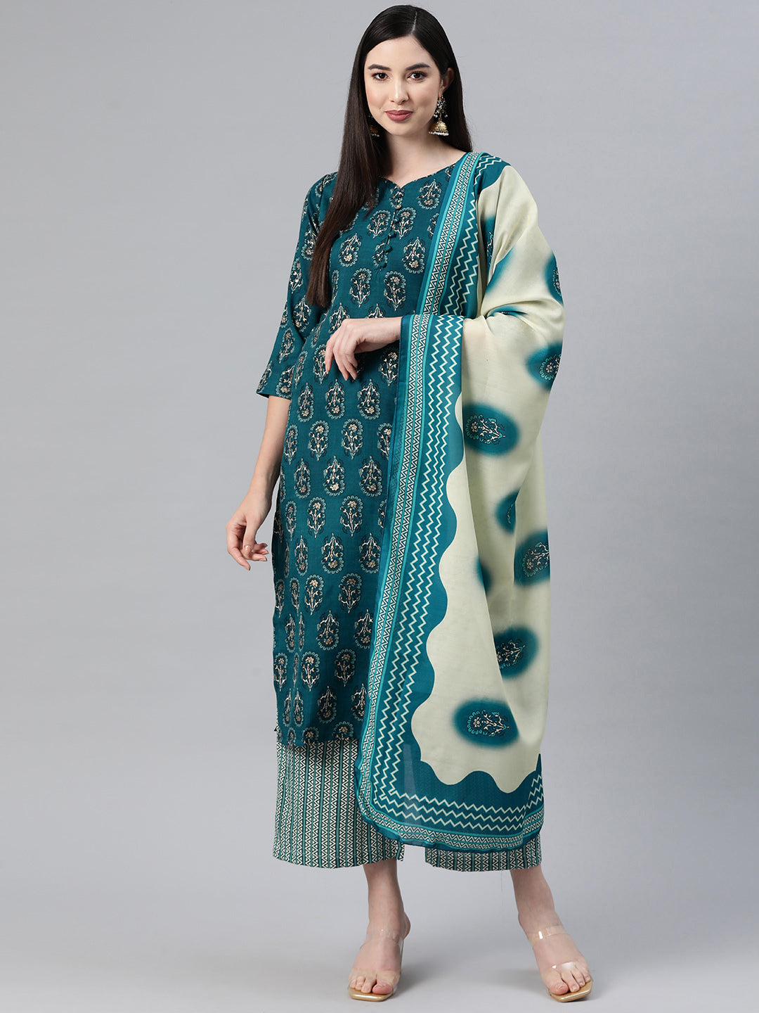 Aqua Embroidered Straight Cotton Kurta Set