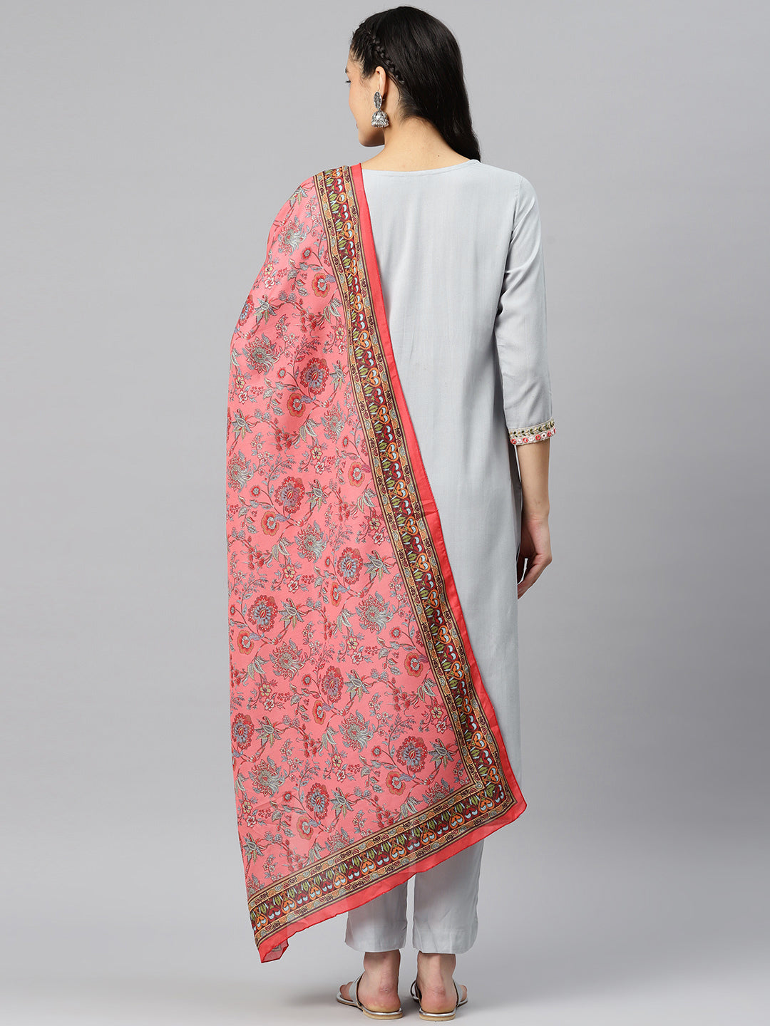 Grey Embroidered Straight Cotton Kurta Set