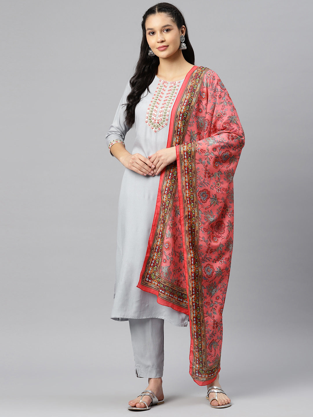Grey Embroidered Straight Cotton Kurta Set