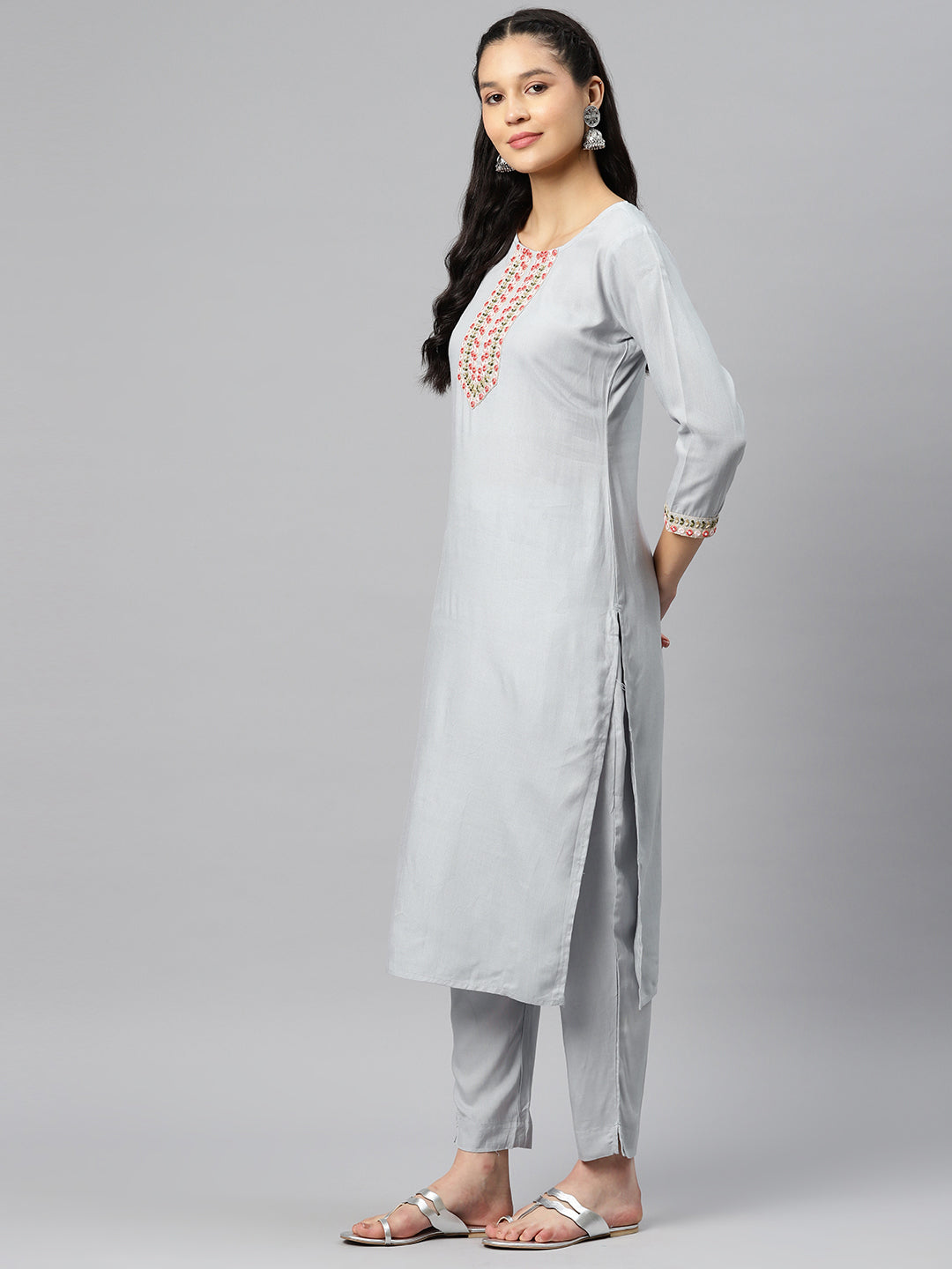 Grey Embroidered Straight Cotton Kurta Set