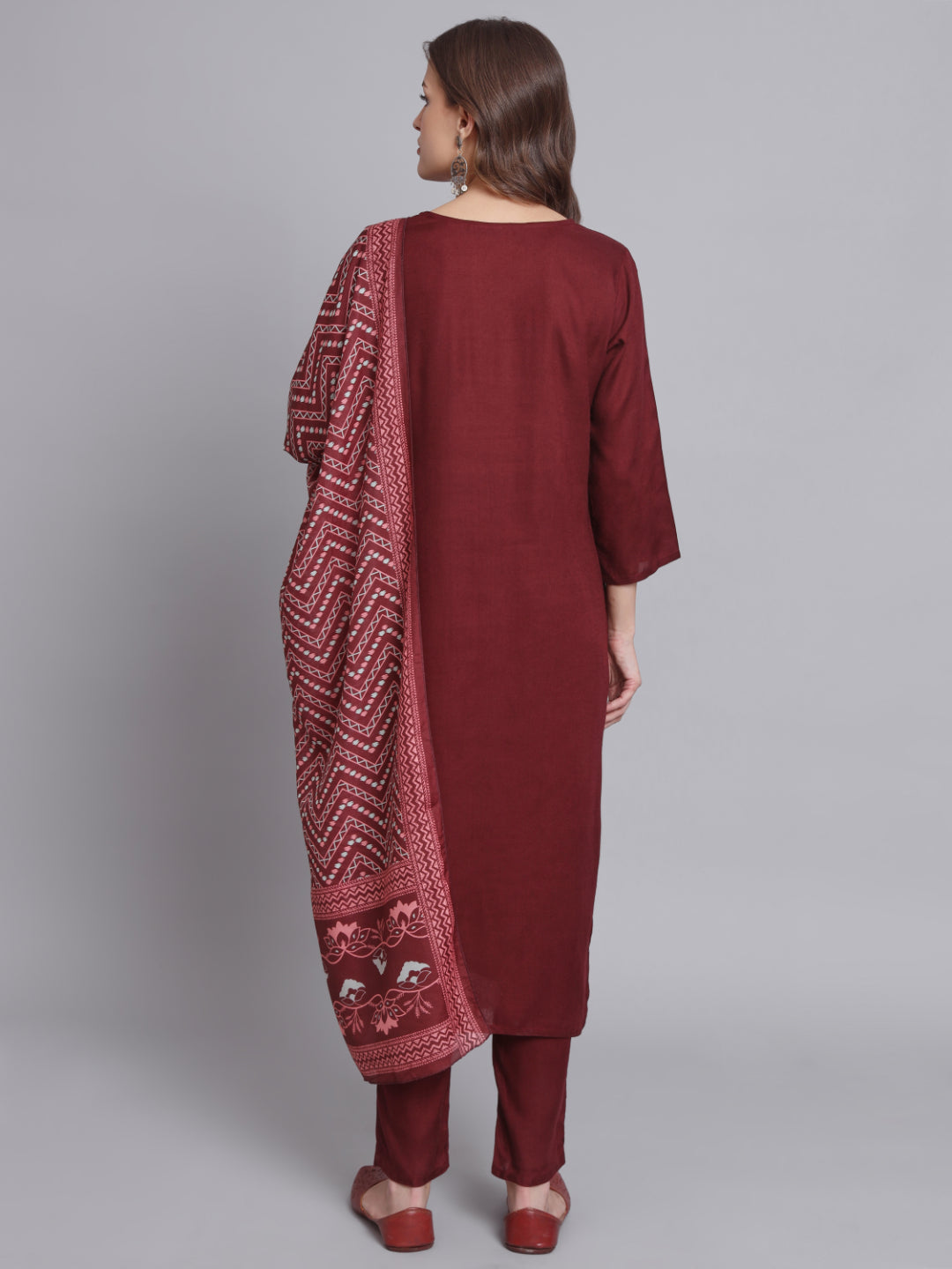 Maroon Embroidered Straight Cotton Kurta Set