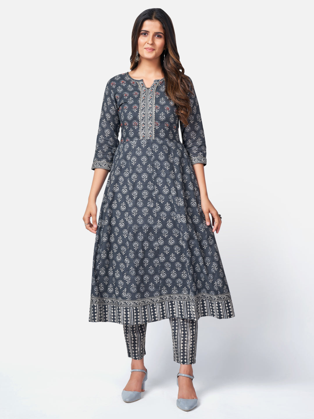 Dark Grey Embroidered Anarkali Cotton Kurta Set
