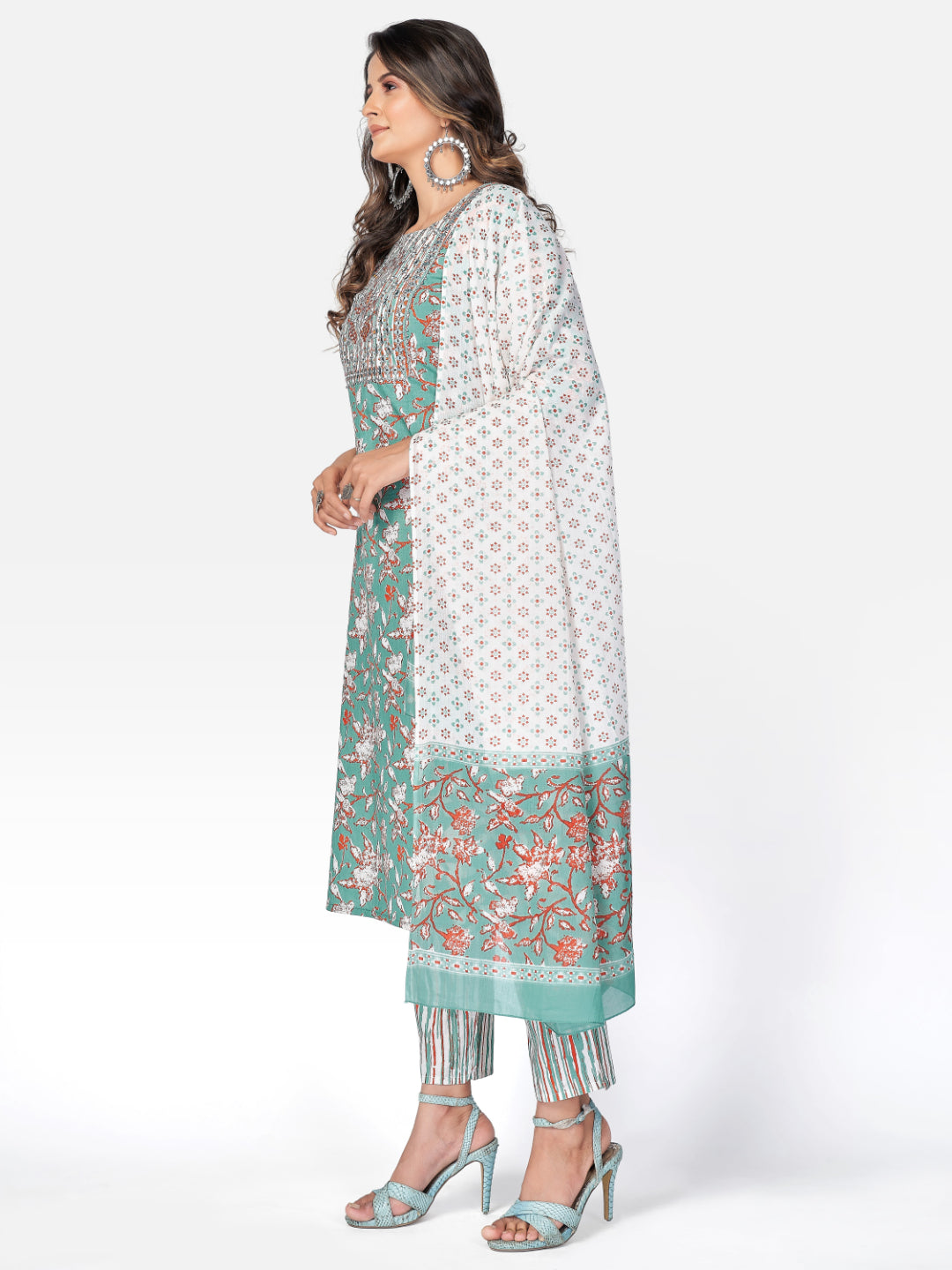Sea Green Embroidered Straight Cotton Kurta Set