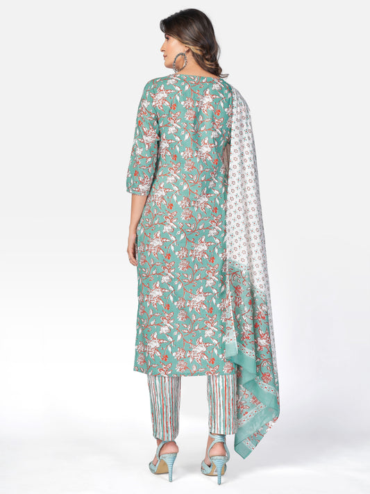 Sea Green Embroidered Straight Cotton Kurta Set