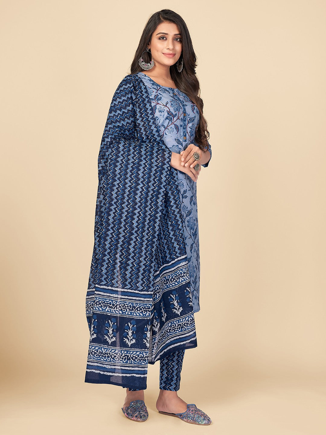 Light Blue Embroidered Straight Cotton Kurta Set