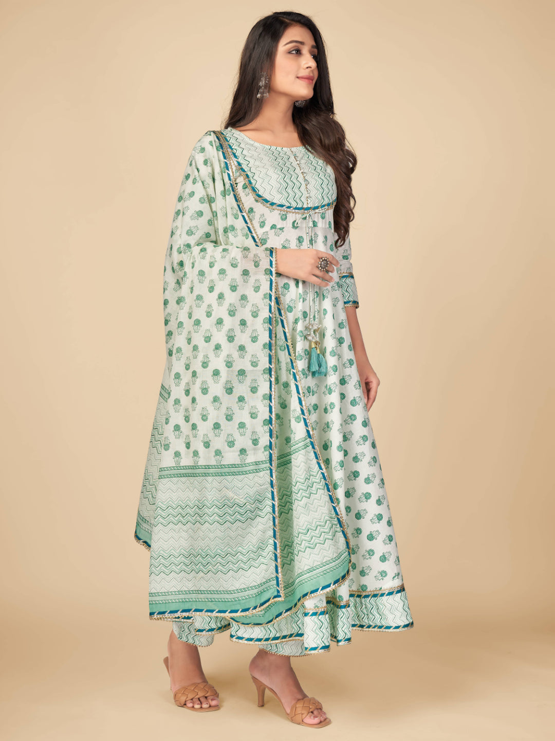 Green Embroidered Anarkali Cotton Kurta Set