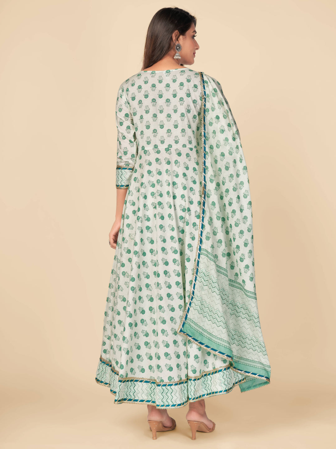 Green Embroidered Anarkali Cotton Kurta Set