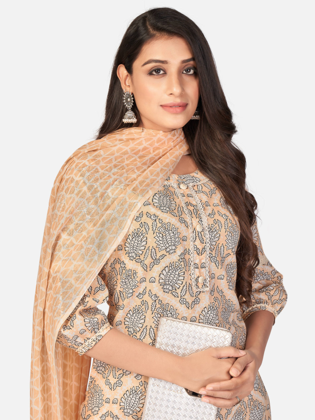 Light Peach Printed Straight Cotton Kurta Set