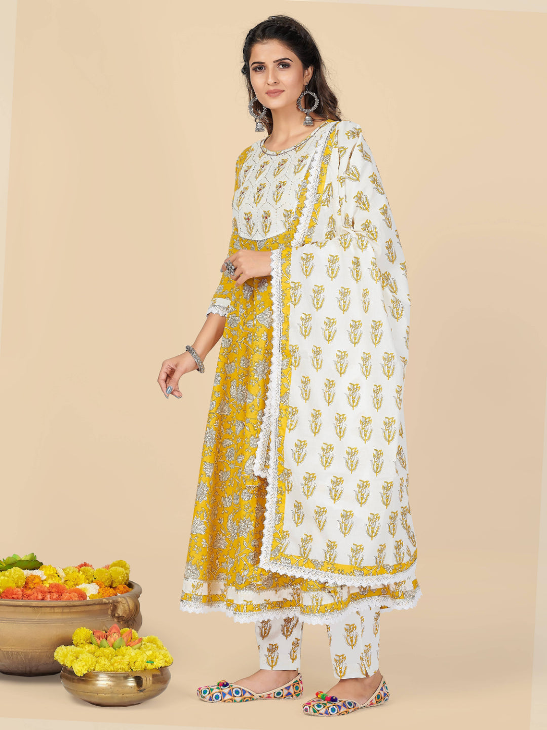 Yellow Embroidered Anarkali Cotton Kurta Set