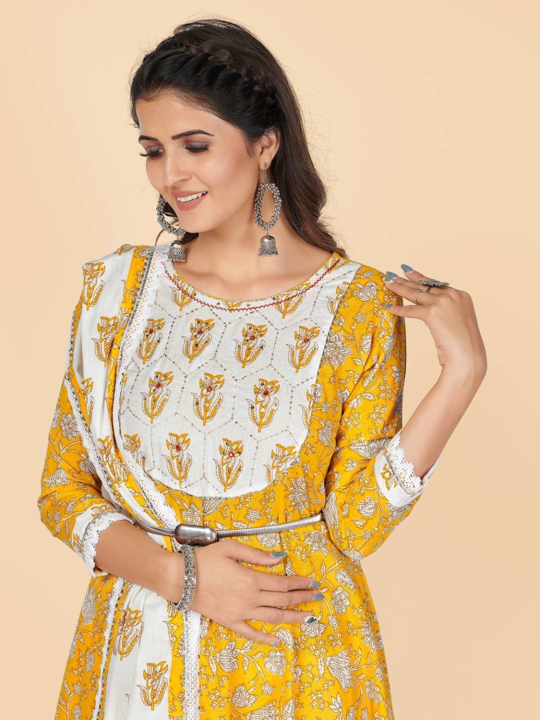 Yellow Embroidered Anarkali Cotton Kurta Set