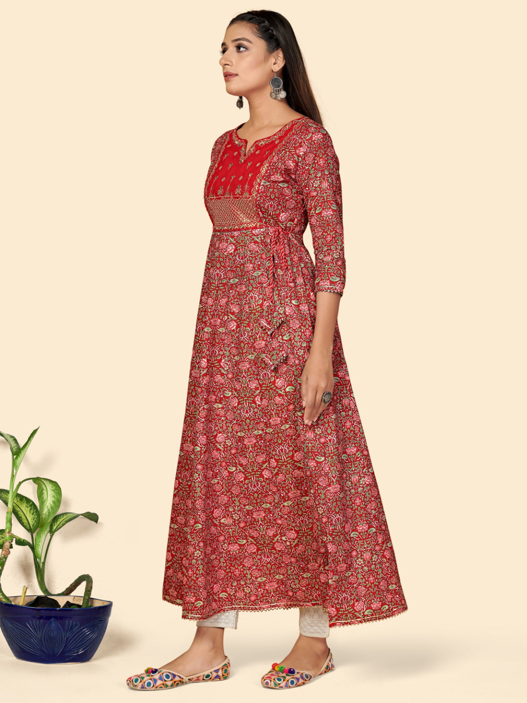 Red Embroidered Anarkali Cotton Kurta