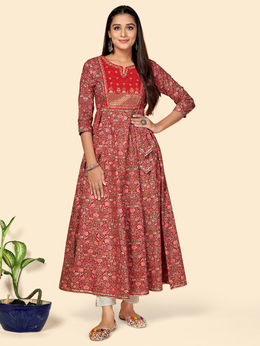 Red Embroidered Anarkali Cotton Kurta