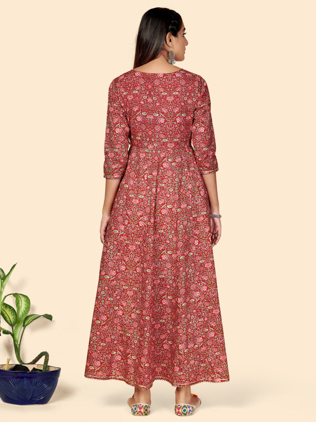 Red Embroidered Anarkali Cotton Kurta