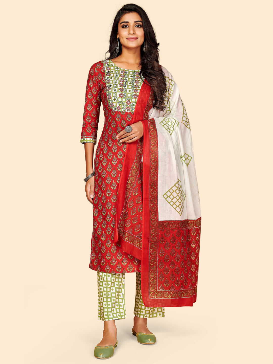 Red Embroidered Straight Cotton Kurta Set