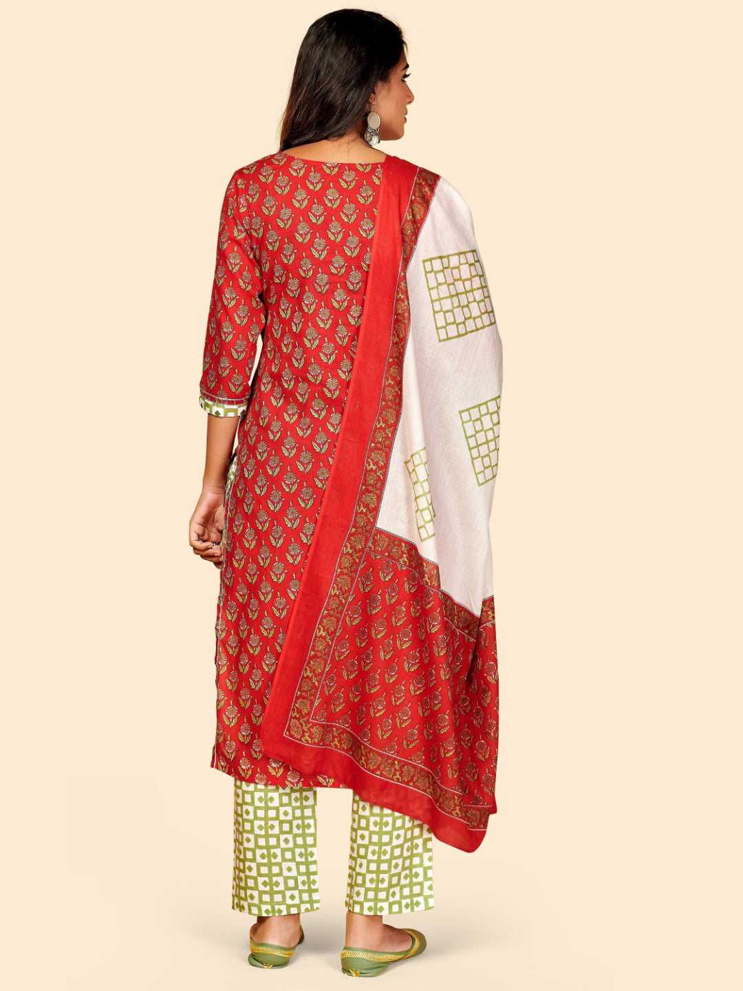 Red Embroidered Straight Cotton Kurta Set