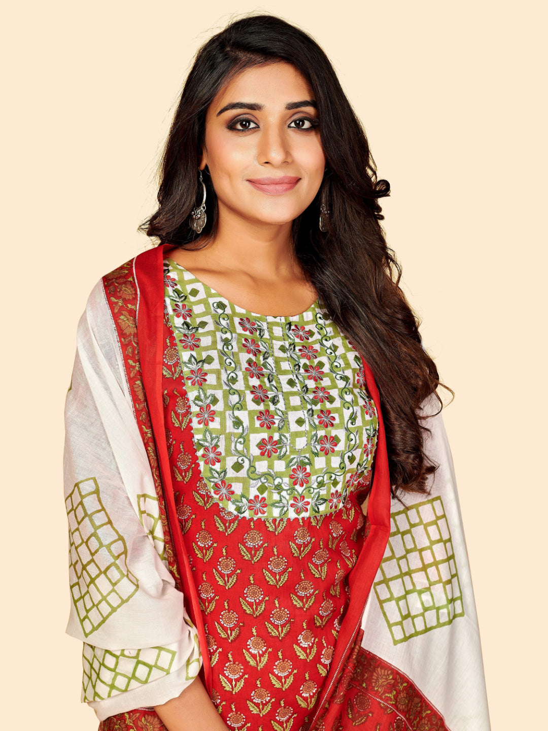 Red Embroidered Straight Cotton Kurta Set