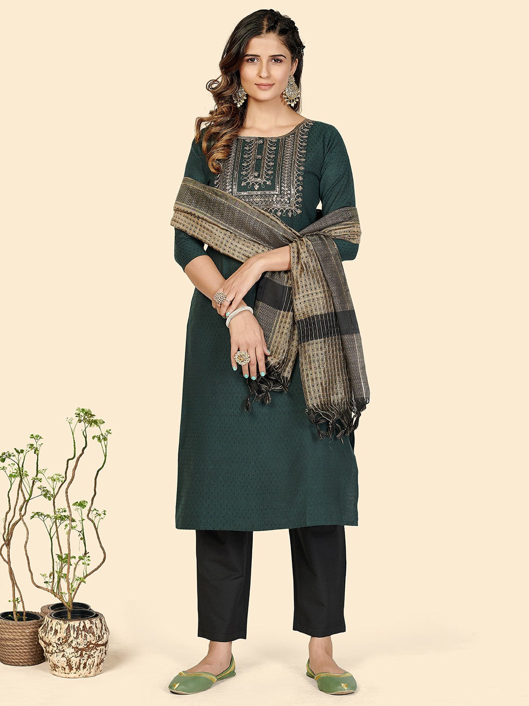 Green Embroidered Straight Cotton Kurta Set