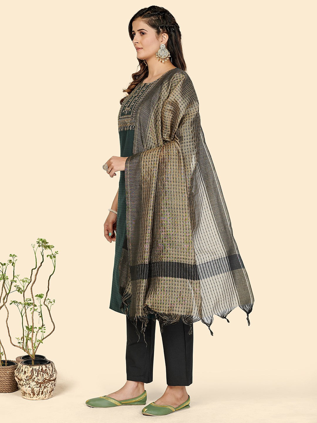 Green Embroidered Straight Cotton Kurta Set