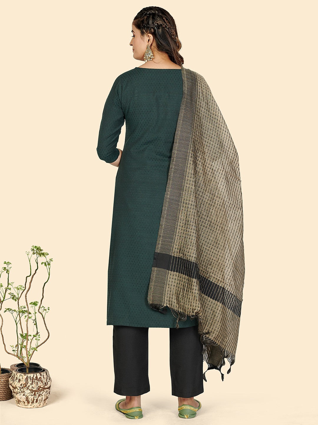 Green Embroidered Straight Cotton Kurta Set