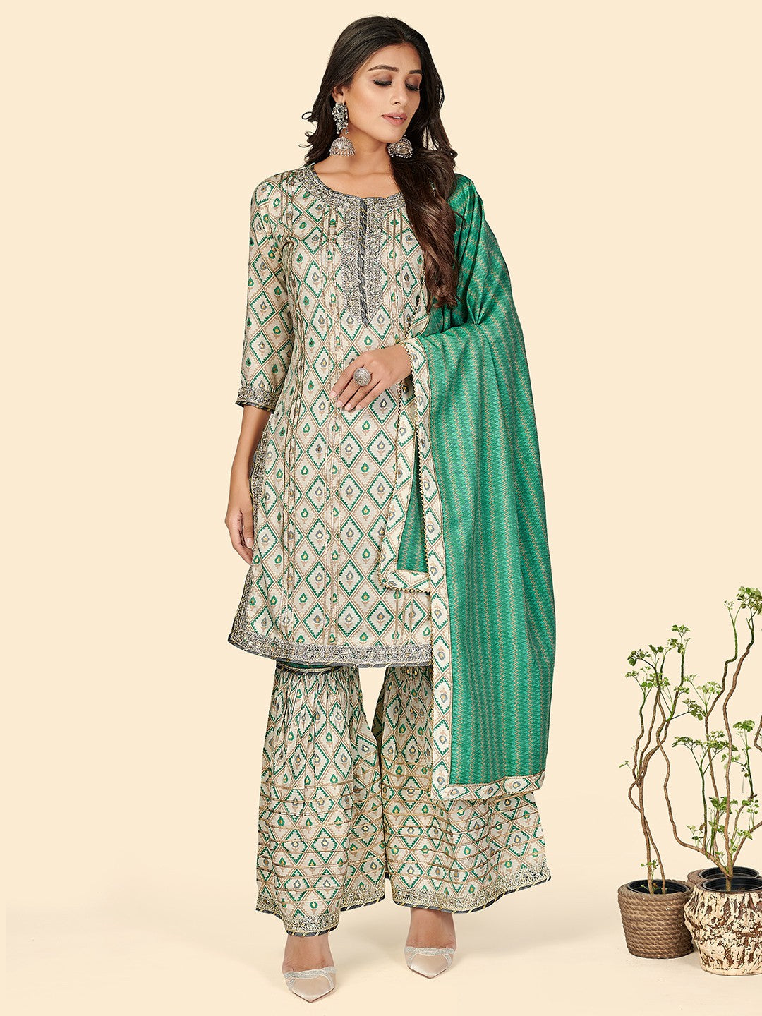 Turquoise Embroidered Straight Muslin Kurta Set