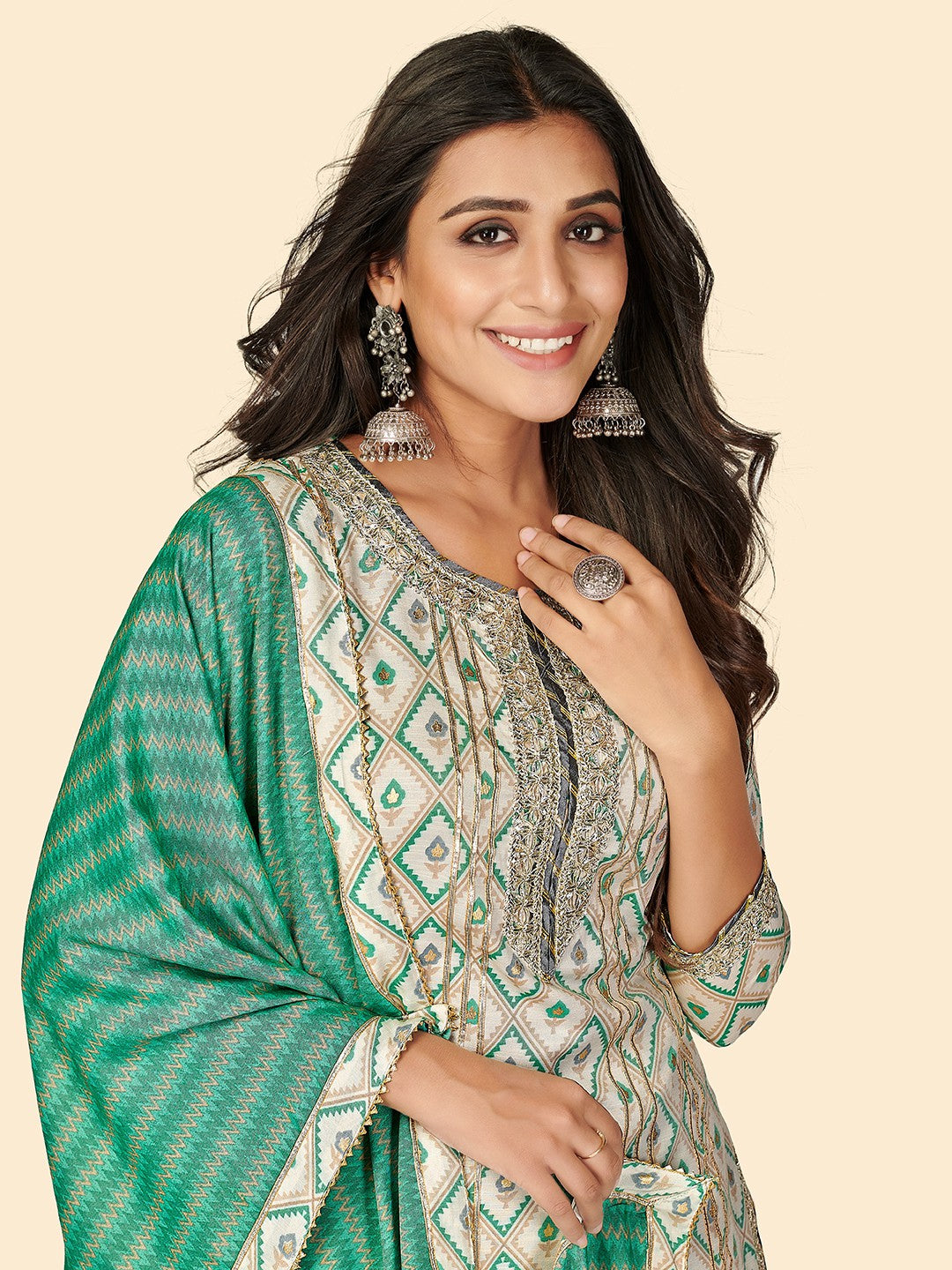 Turquoise Embroidered Straight Muslin Kurta Set