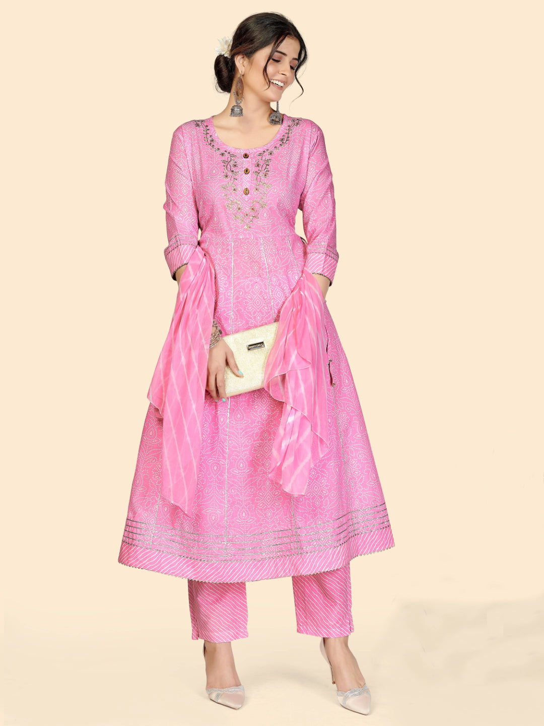 Baby Pink Embroidered Anarkali Cotton Kurta Set
