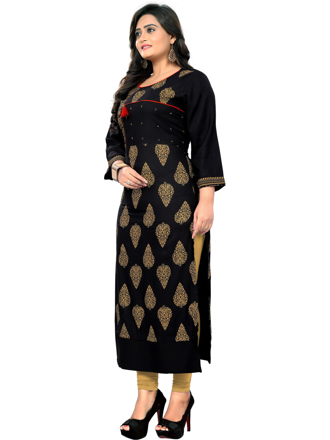 Black Printed Rayon Straight Kurti