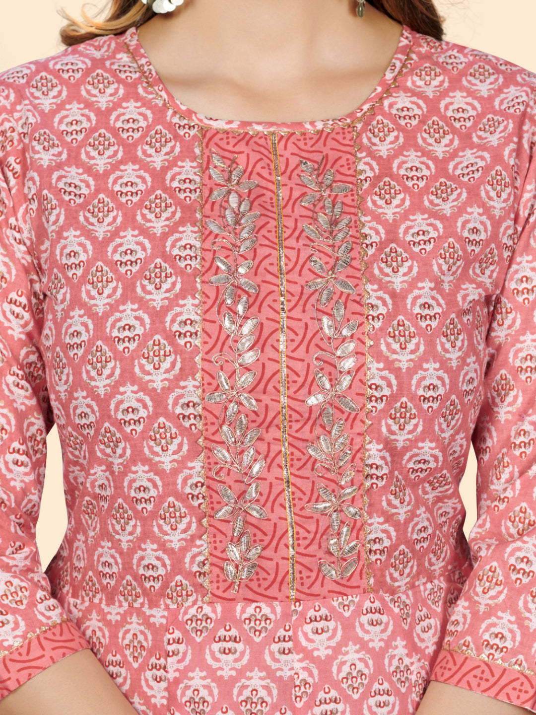 Peach Embroidered Anarkali Cotton Kurta Set
