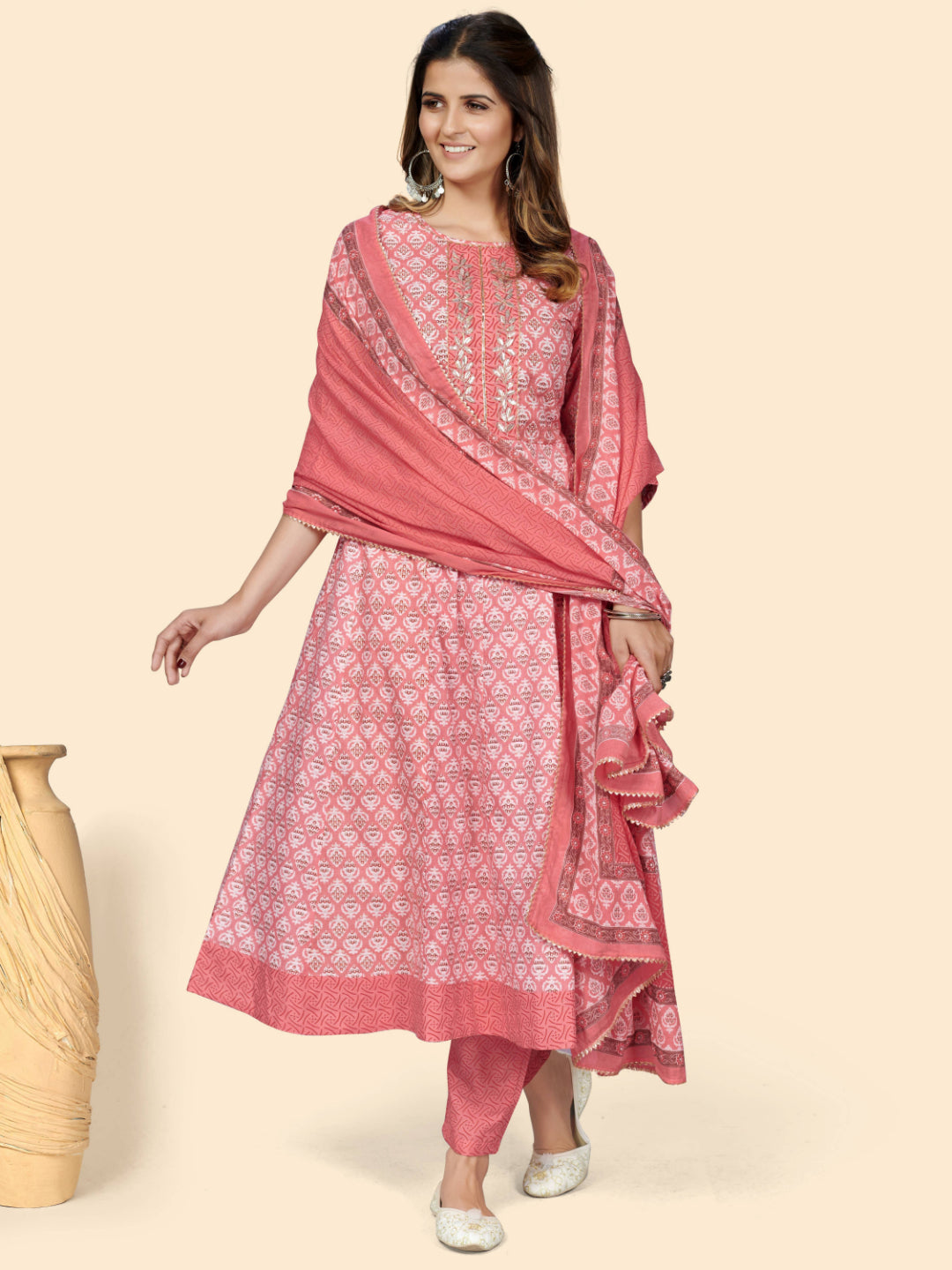 Peach Embroidered Anarkali Cotton Kurta Set