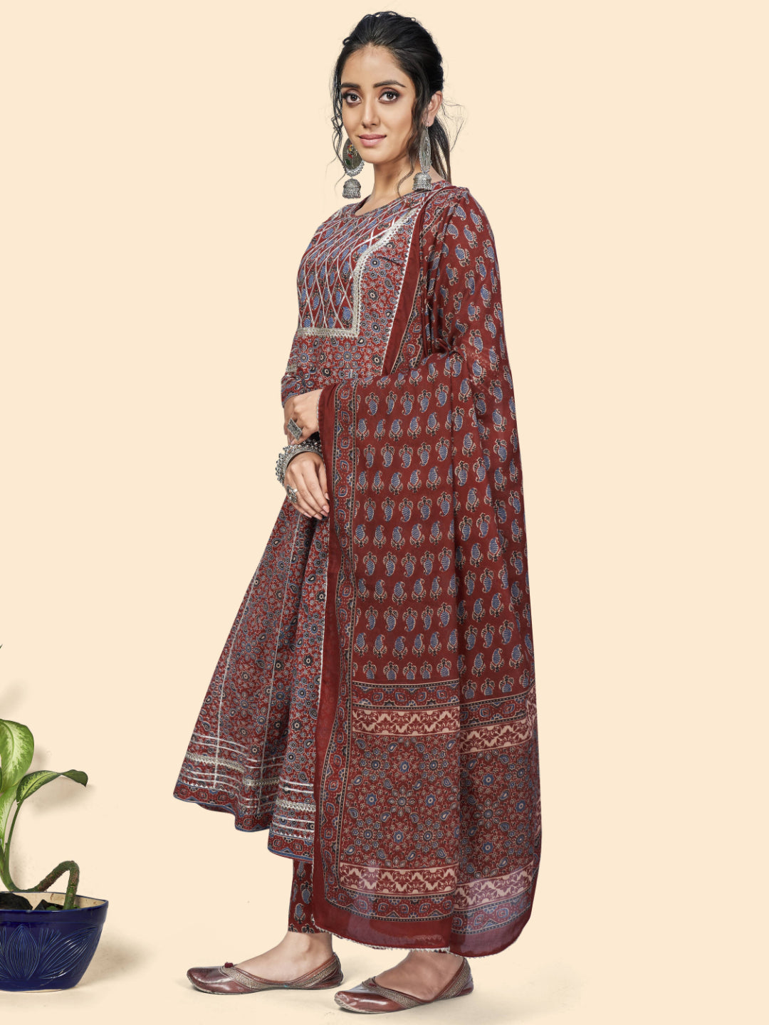 Maroon Embroidered Anarkali Cotton Kurta Set