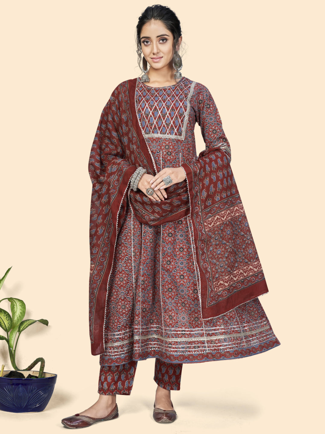 Maroon Embroidered Anarkali Cotton Kurta Set