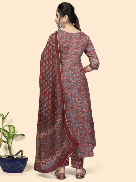 Maroon Embroidered Anarkali Cotton Kurta Set