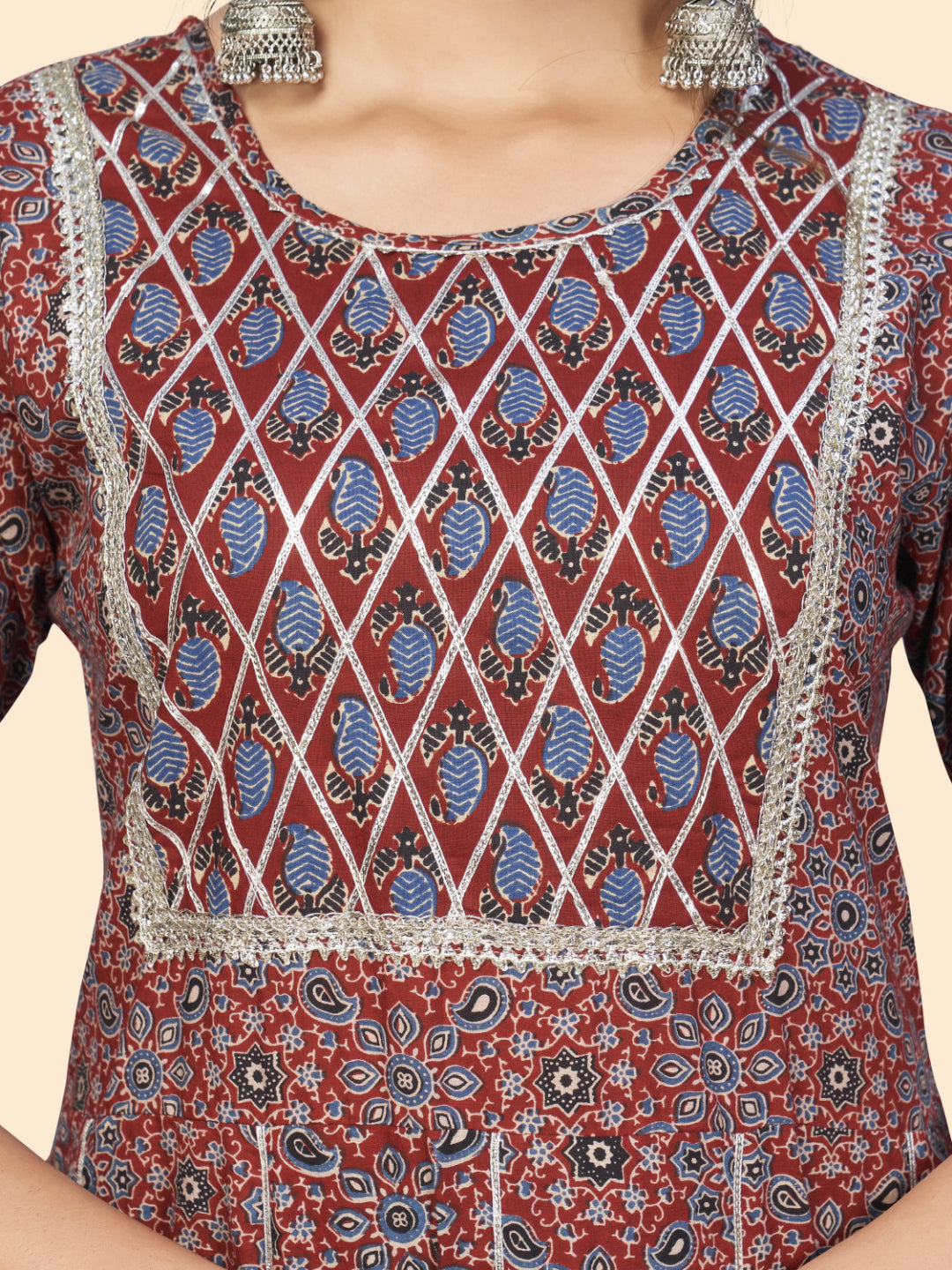 Maroon Embroidered Anarkali Cotton Kurta Set