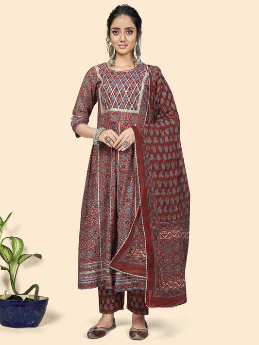 Maroon Embroidered Anarkali Cotton Kurta Set