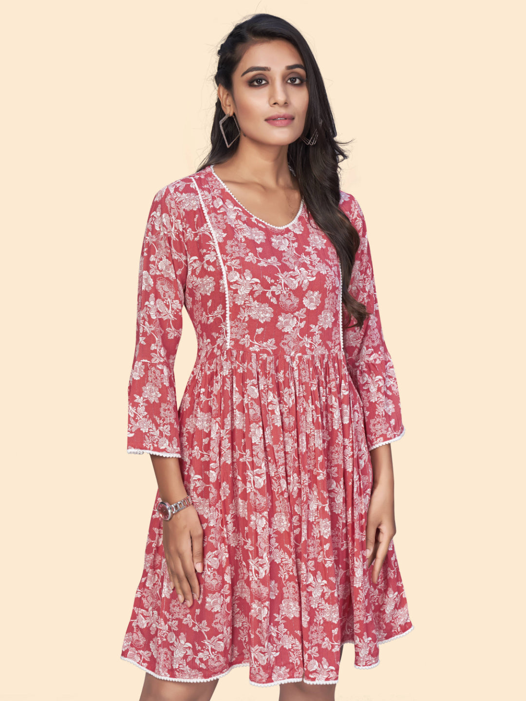 Pink Floral Print Flared Georgette Dress