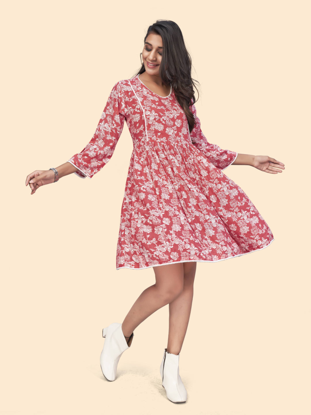 Pink Floral Print Flared Georgette Dress