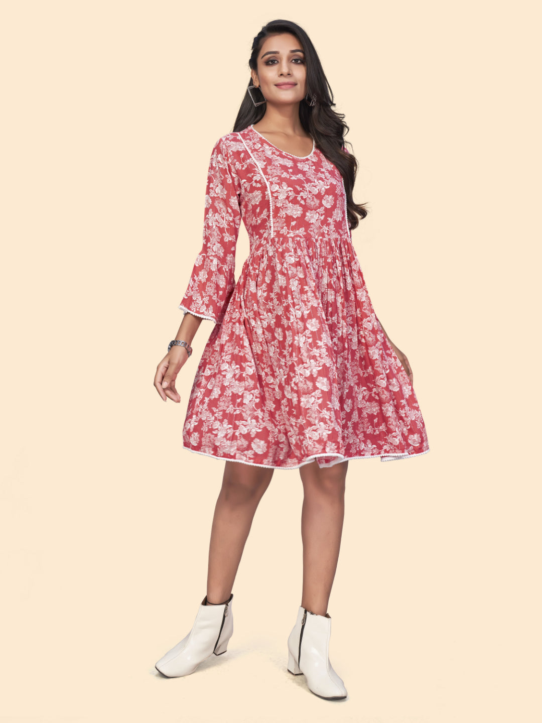 Pink Floral Print Flared Georgette Dress