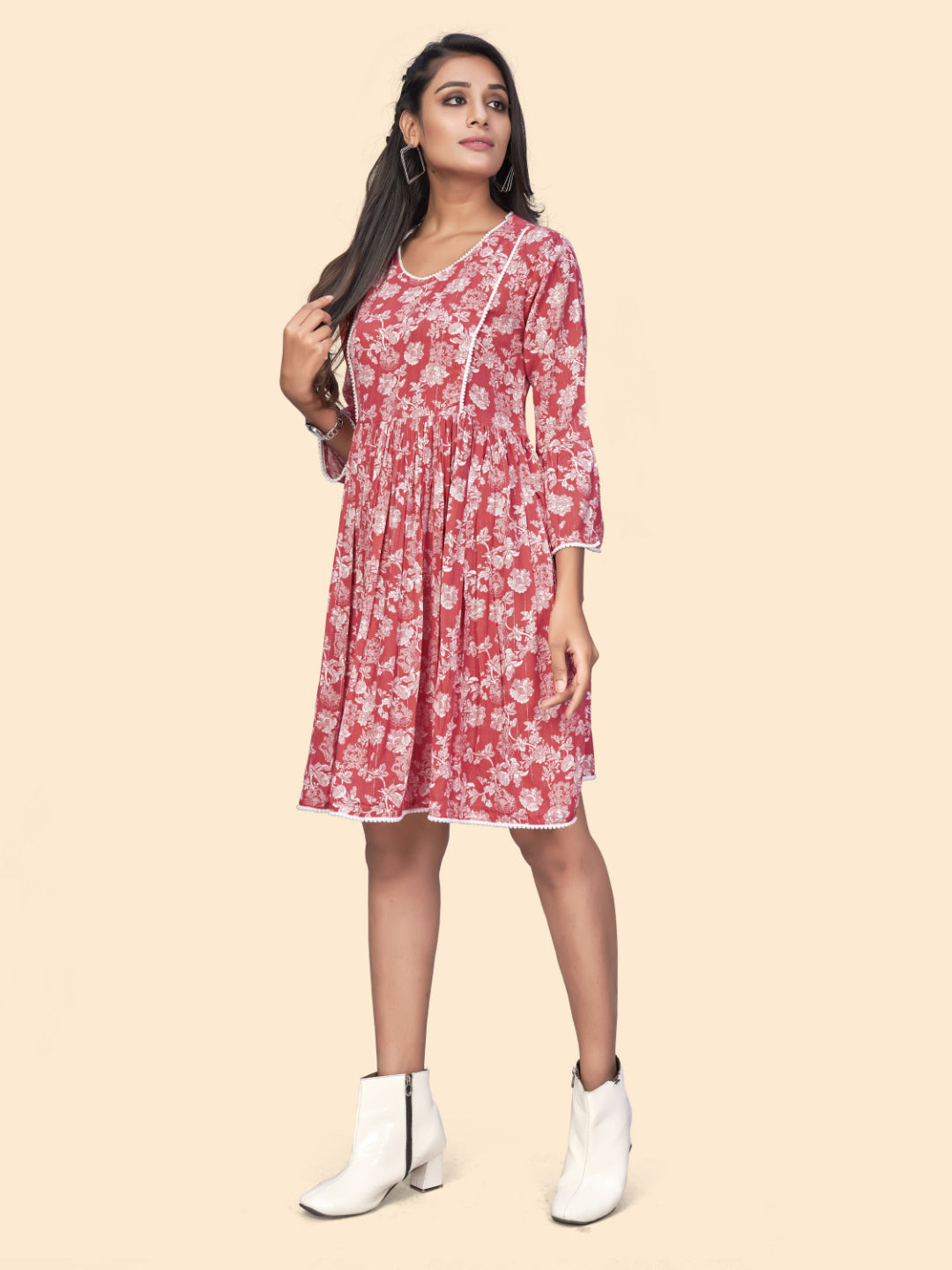 Pink Floral Print Flared Georgette Dress