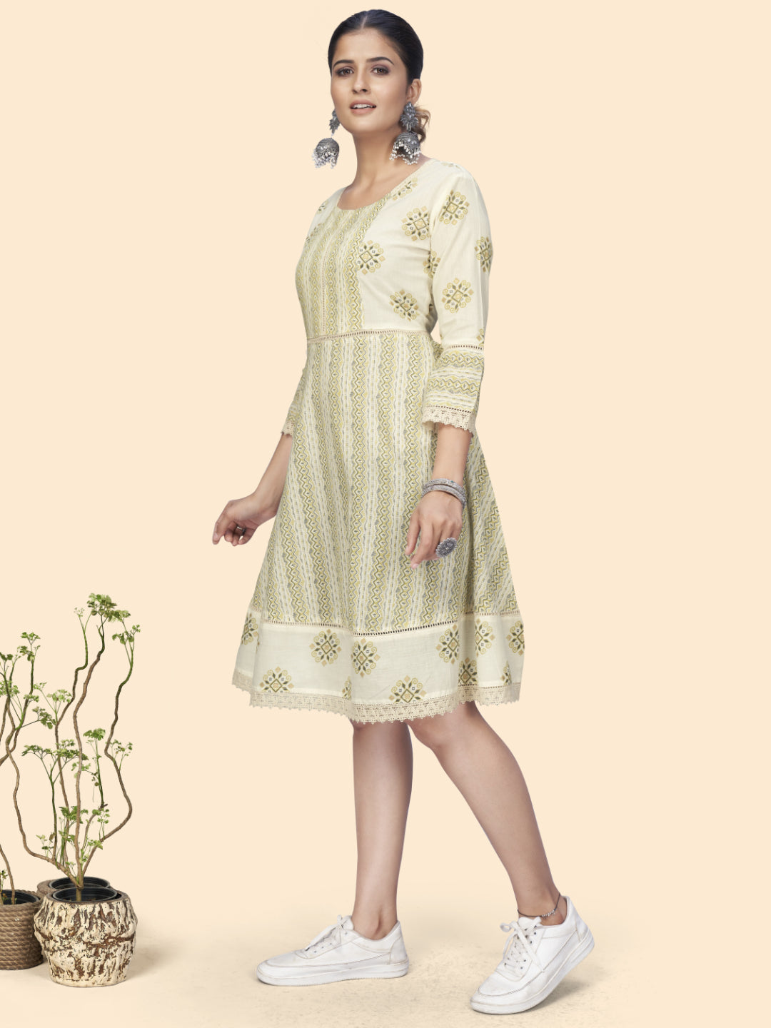 White Printed Flared Cotton Dress
