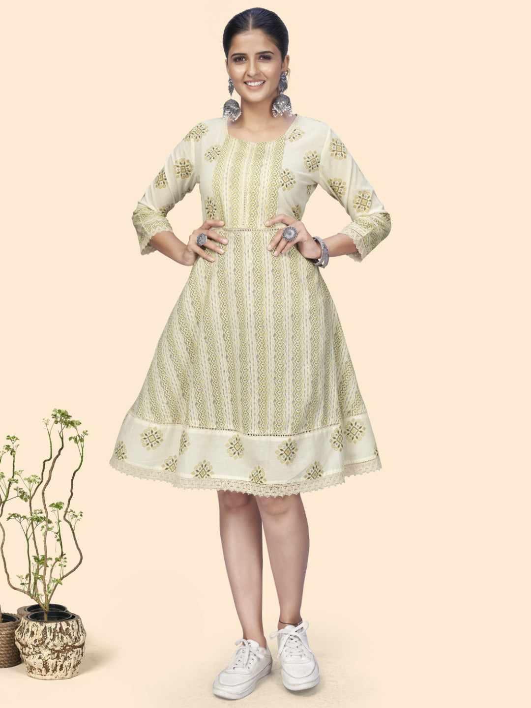 White Printed Flared Cotton Dress