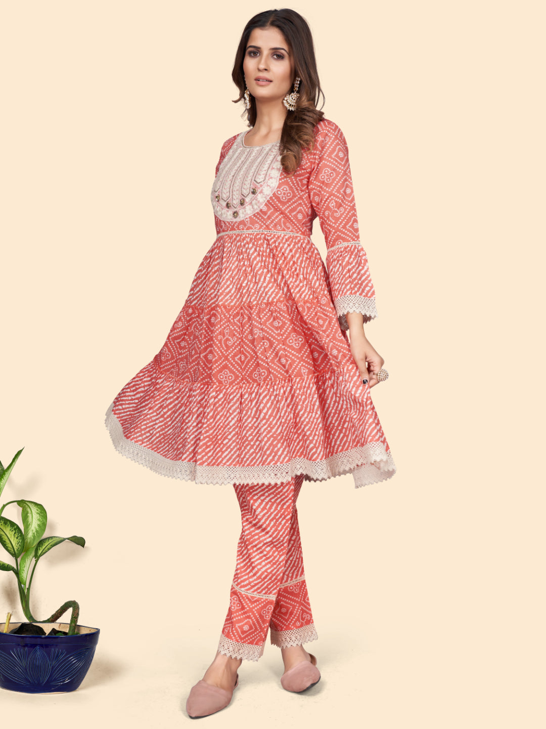 Orange Embroidered Flared Cotton Top With Pant