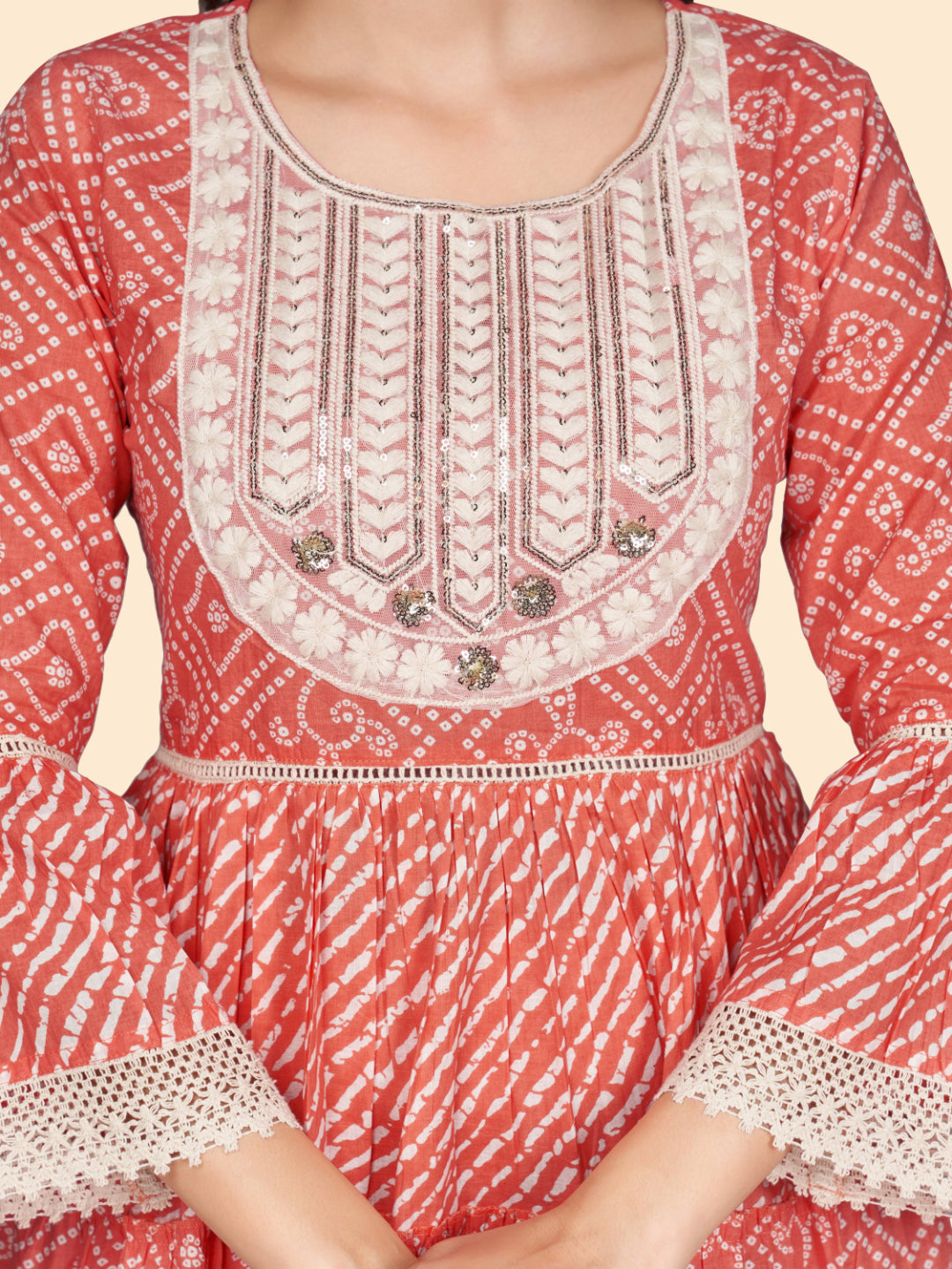 Orange Embroidered Flared Cotton Top With Pant