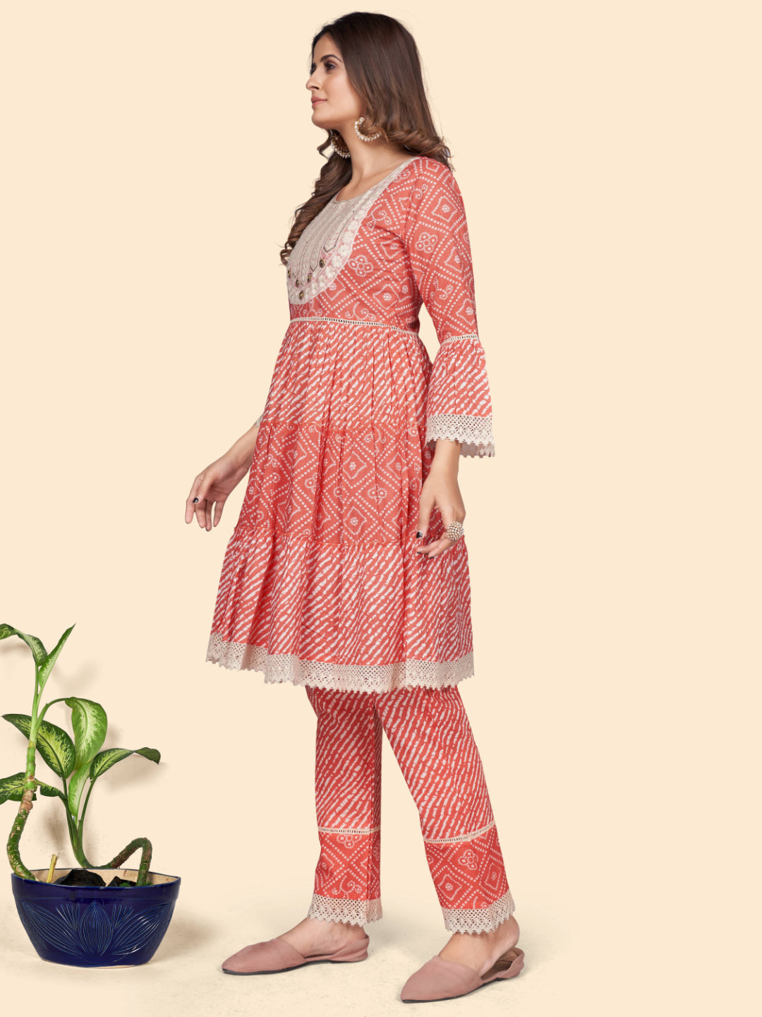 Orange Embroidered Flared Cotton Top With Pant