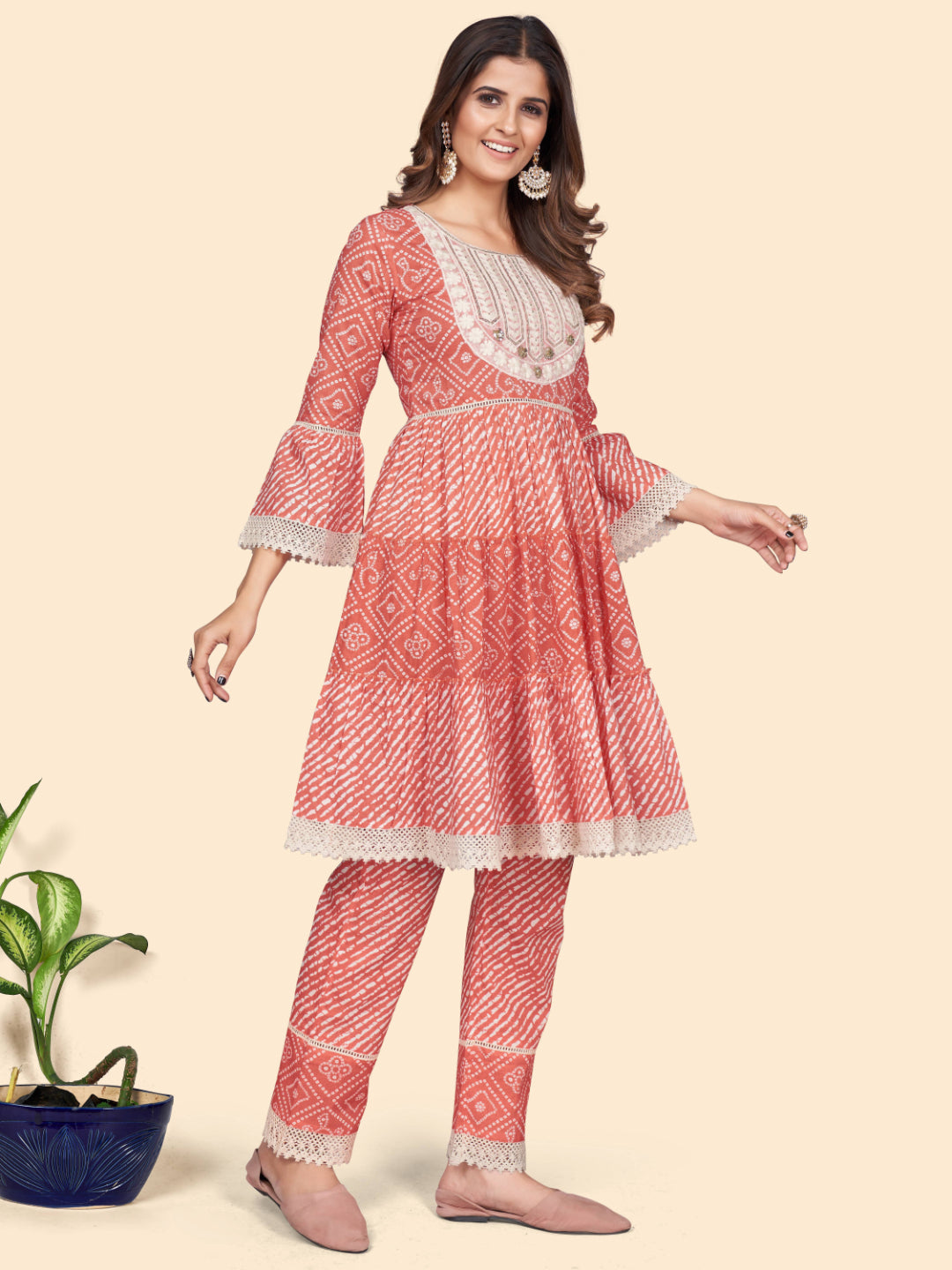 Orange Embroidered Flared Cotton Top With Pant