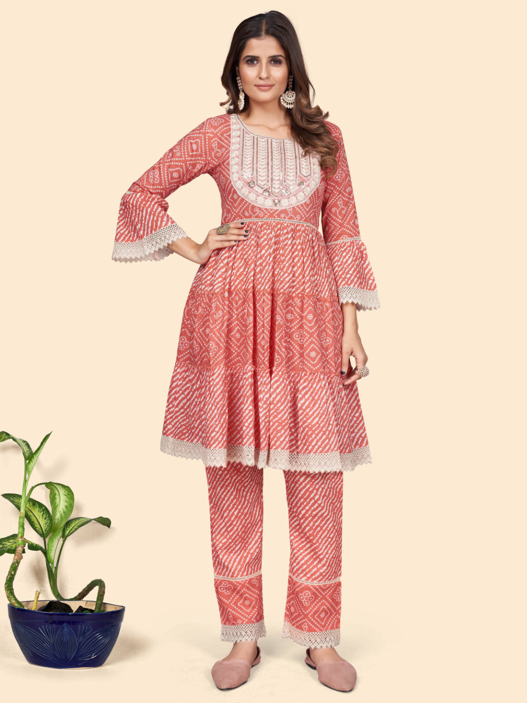 Orange Embroidered Flared Cotton Top With Pant