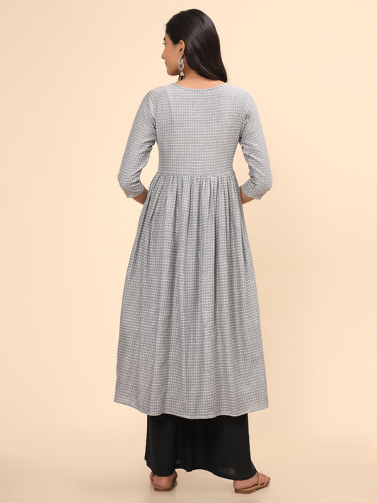 Grey Printed A-Line Yarn Dyed Kurta