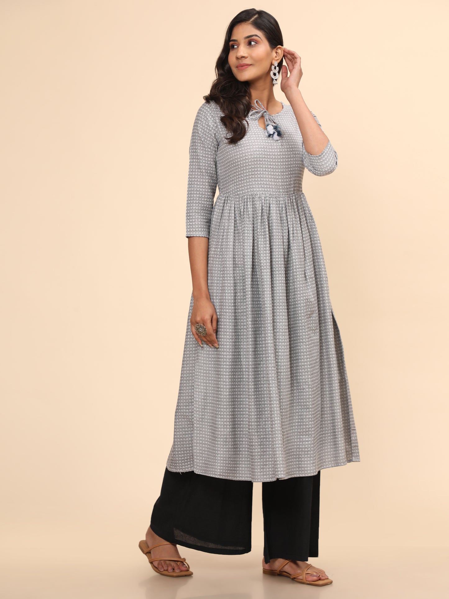 Grey Printed A-Line Yarn Dyed Kurta