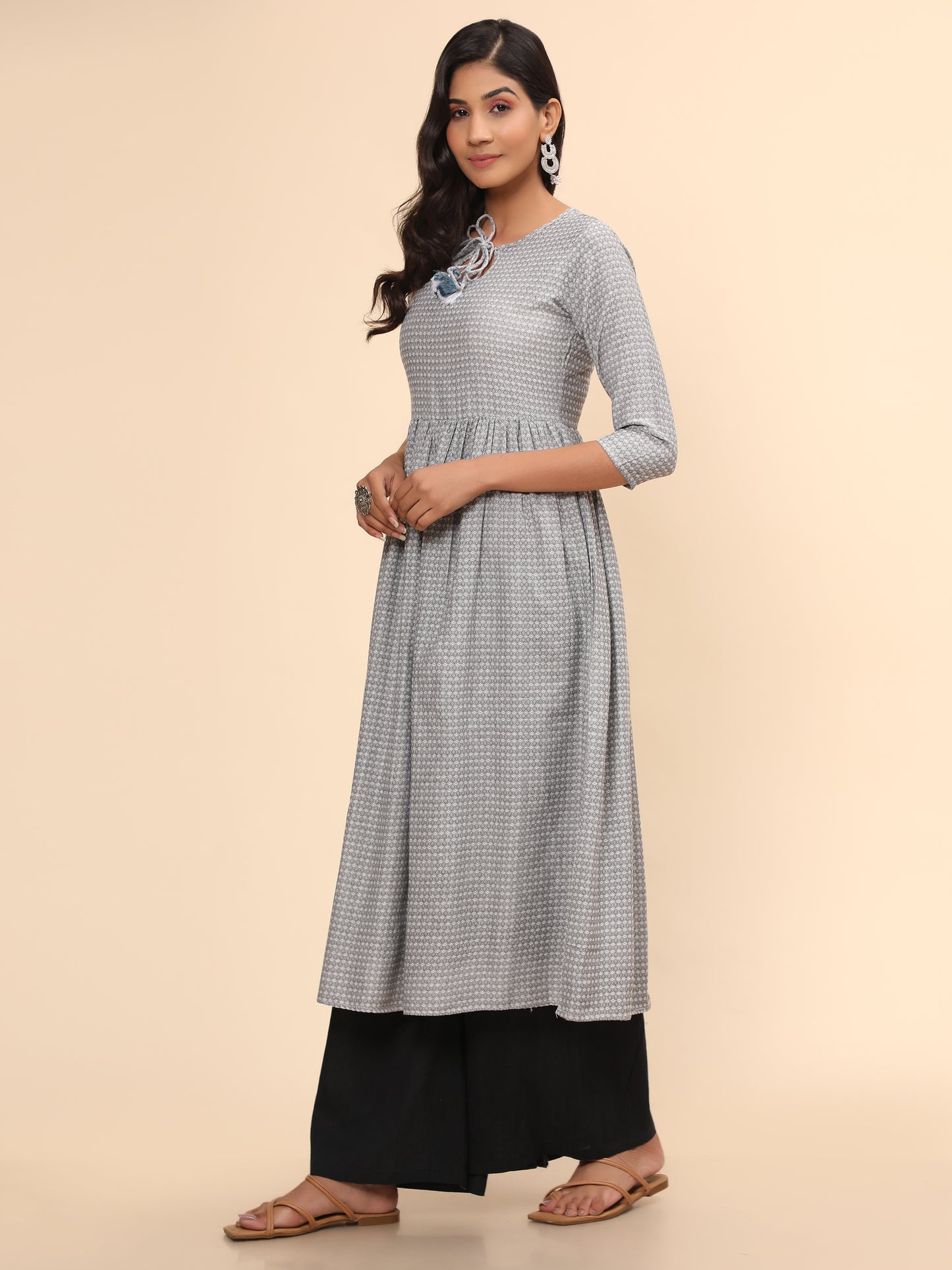 Grey Printed A-Line Yarn Dyed Kurta