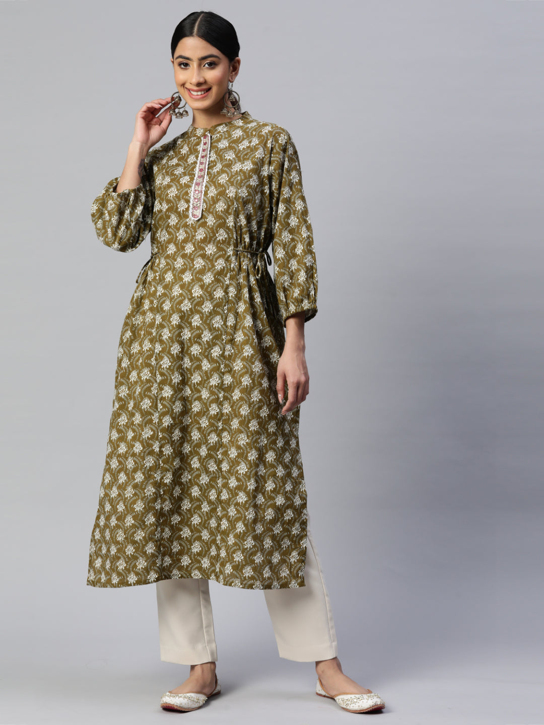 Green Emboridered Straight Cotton Kurta